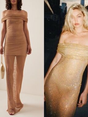 SELF PORTRAIT Hotfix Mesh Rhinestone Embellished Maxi Dress in Tan Sz 4 US